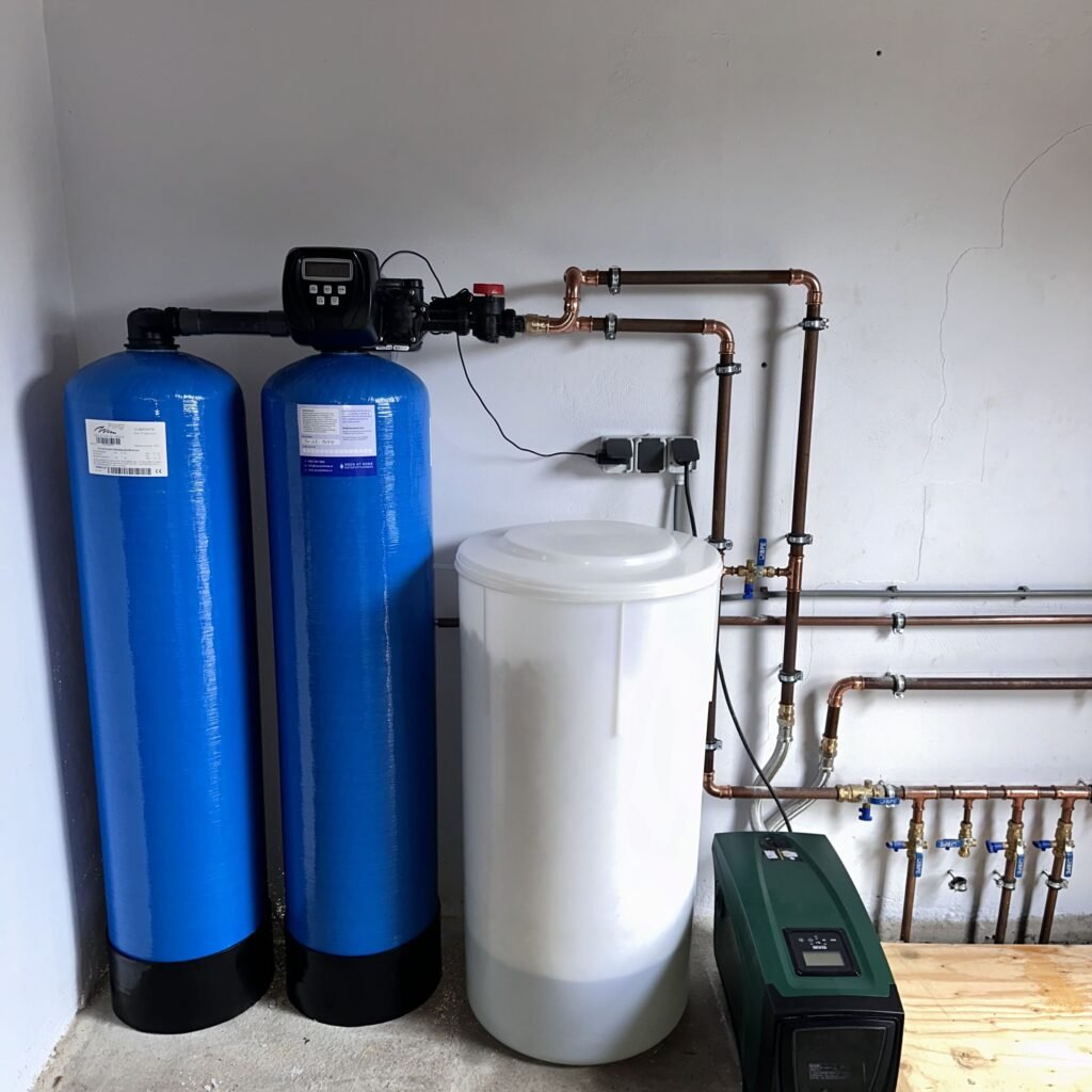Waterontharderinstallatie met twee harsvaten en een zoutvat in een technische ruimte