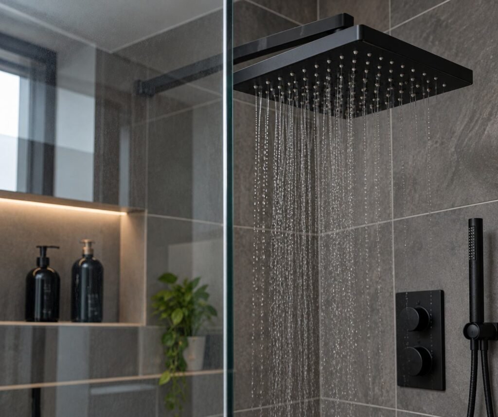 Dezelfde stortdouche en douchewand, schoon en kalkvrij